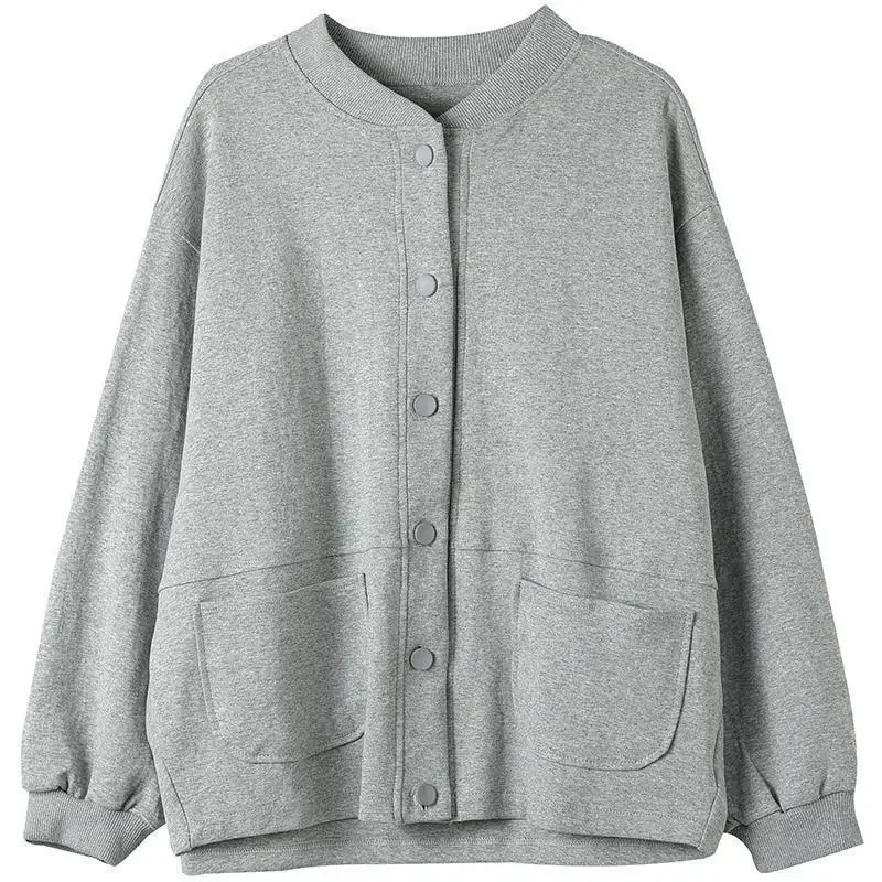 Cinza minimalista cor sólida jaqueta casual feminina versão coreana uniforme de beisebol solto cardigan esportivo