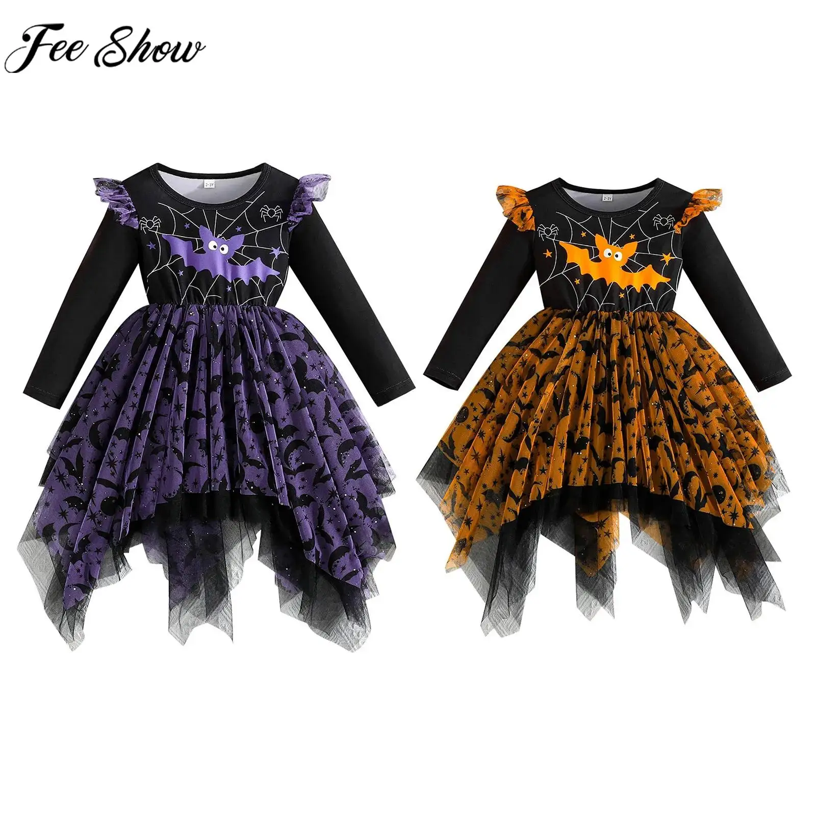 

Kids Girls Halloween Bat Costume Long Sleeve Spider Print Irregular Mesh Tutu Dress Theme Party Carnival Witch Cosplay Clothes