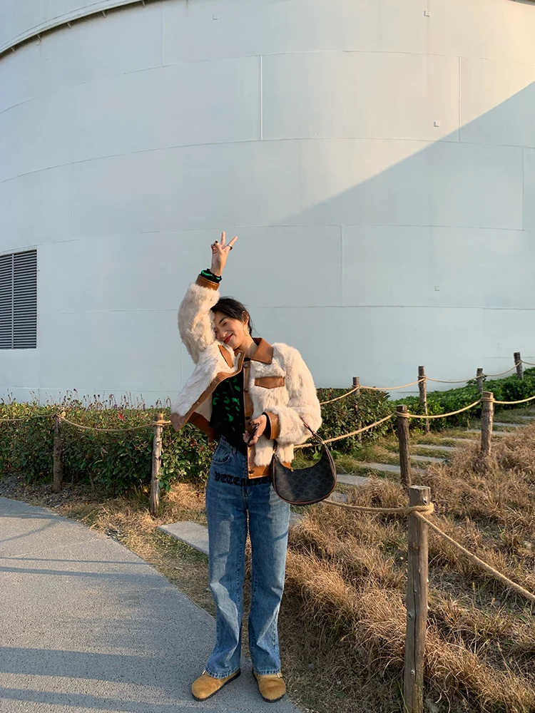 Abnehmen Faux Pelz Jaet frauen Patchwork Leder Weiß Echt Kaninchen Pelz Pelzmantel Pendeln Sle Koreanische Version ort Länge