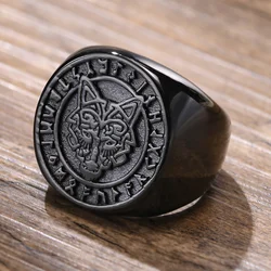 Vnox 22mm Signet Ring for Men, Black Round Top Nordic Viking Wolf Stamp Ring, Vegvisir and Norse Valknut Bold Heavy Punk Ring