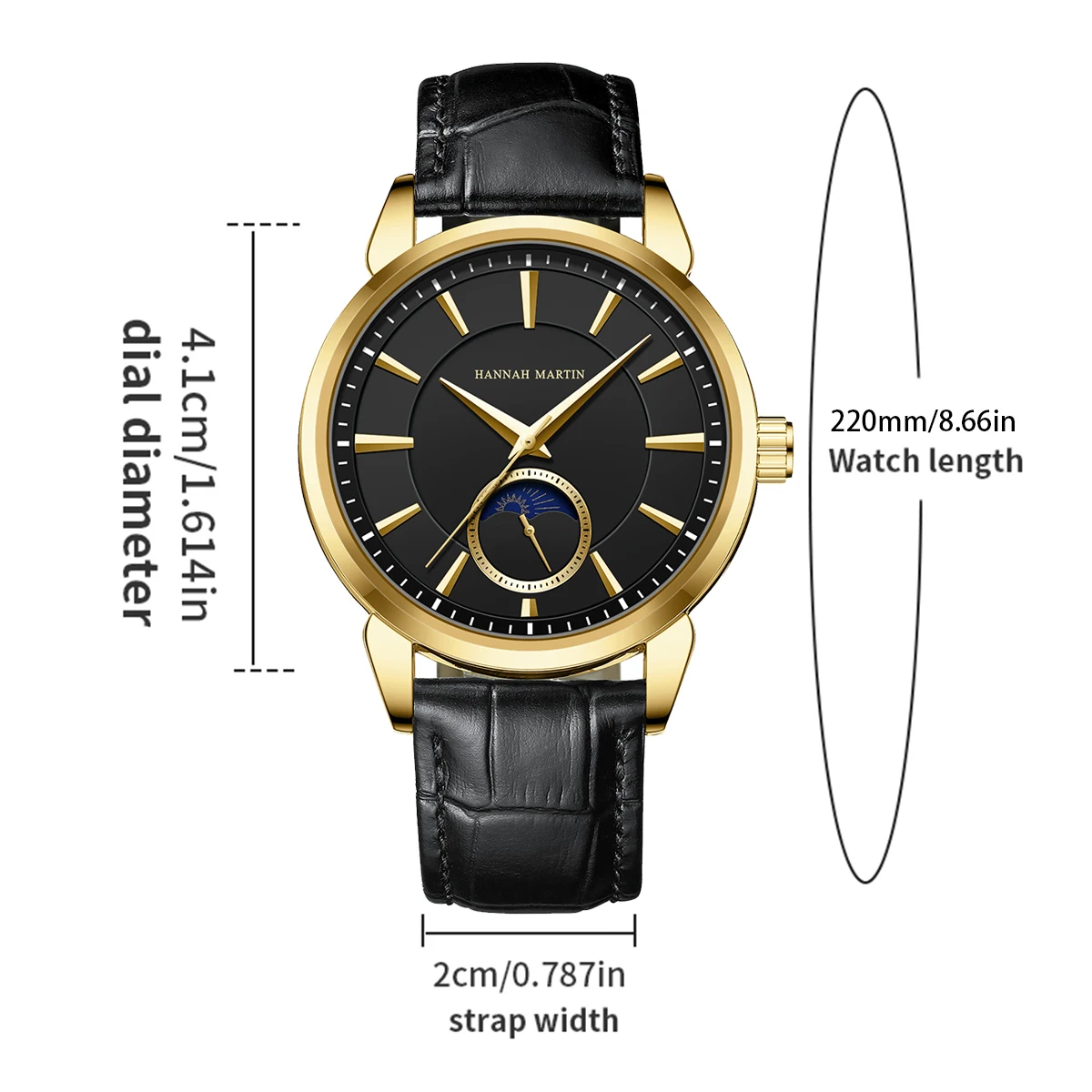 هانا مارتن ساعة رجالية متعددة الوظائف ماركة فاخرة موضة 41 ملم ستار مون مينا ذهبي أسود جلدية كوارتز ساعات رجالية