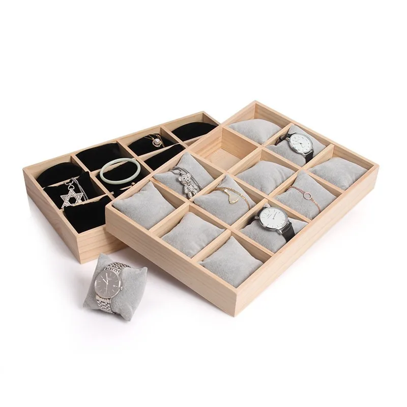 Wood Jewelry Storage Tray 12 Girds Watch Pillow Plate Necklaces Bracelet Bangle Watches Display Holder