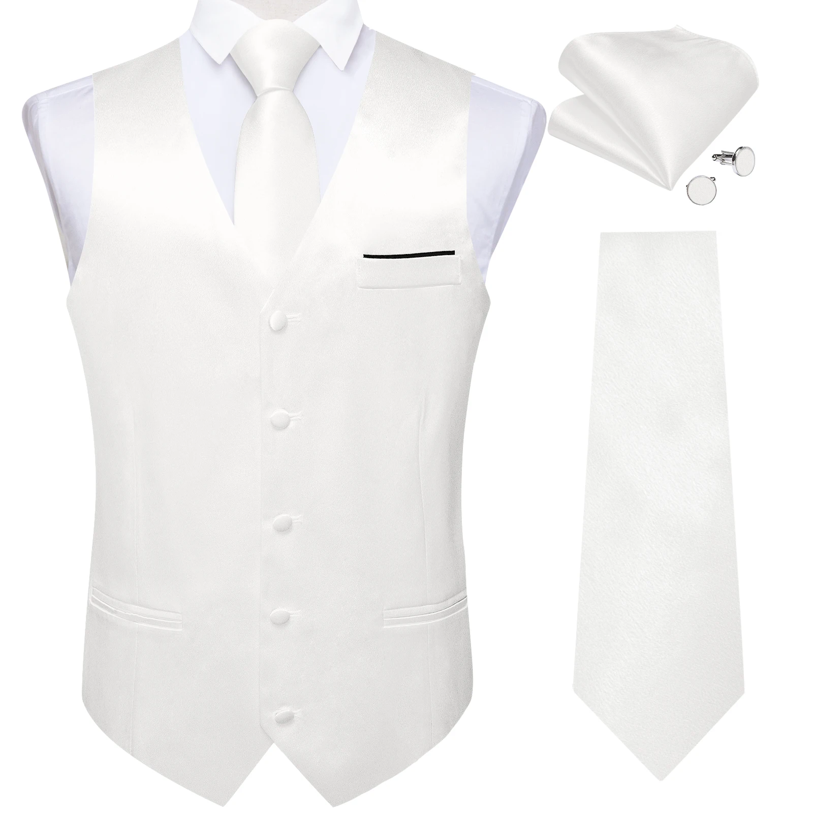 DiBanGu Men's White Satin Vest for Wedding Luxury Necktie Pocket Square Cufflinks Waistcoat Dress for Man Gift Business Party