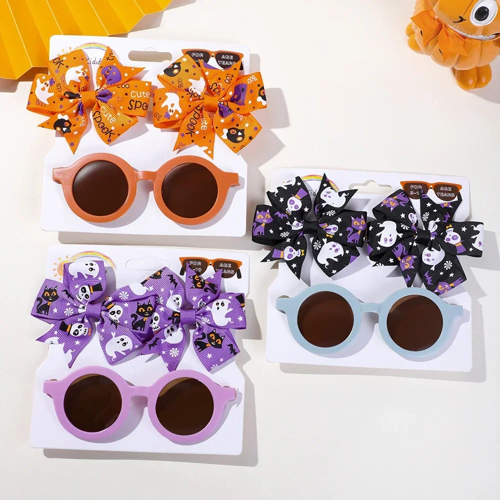 

2Pcs/Set halloween Cute Printed Bow Headband For Kids Cool Girls Boys Sunglasses Solid Color Bows Headwear Hair Accessories