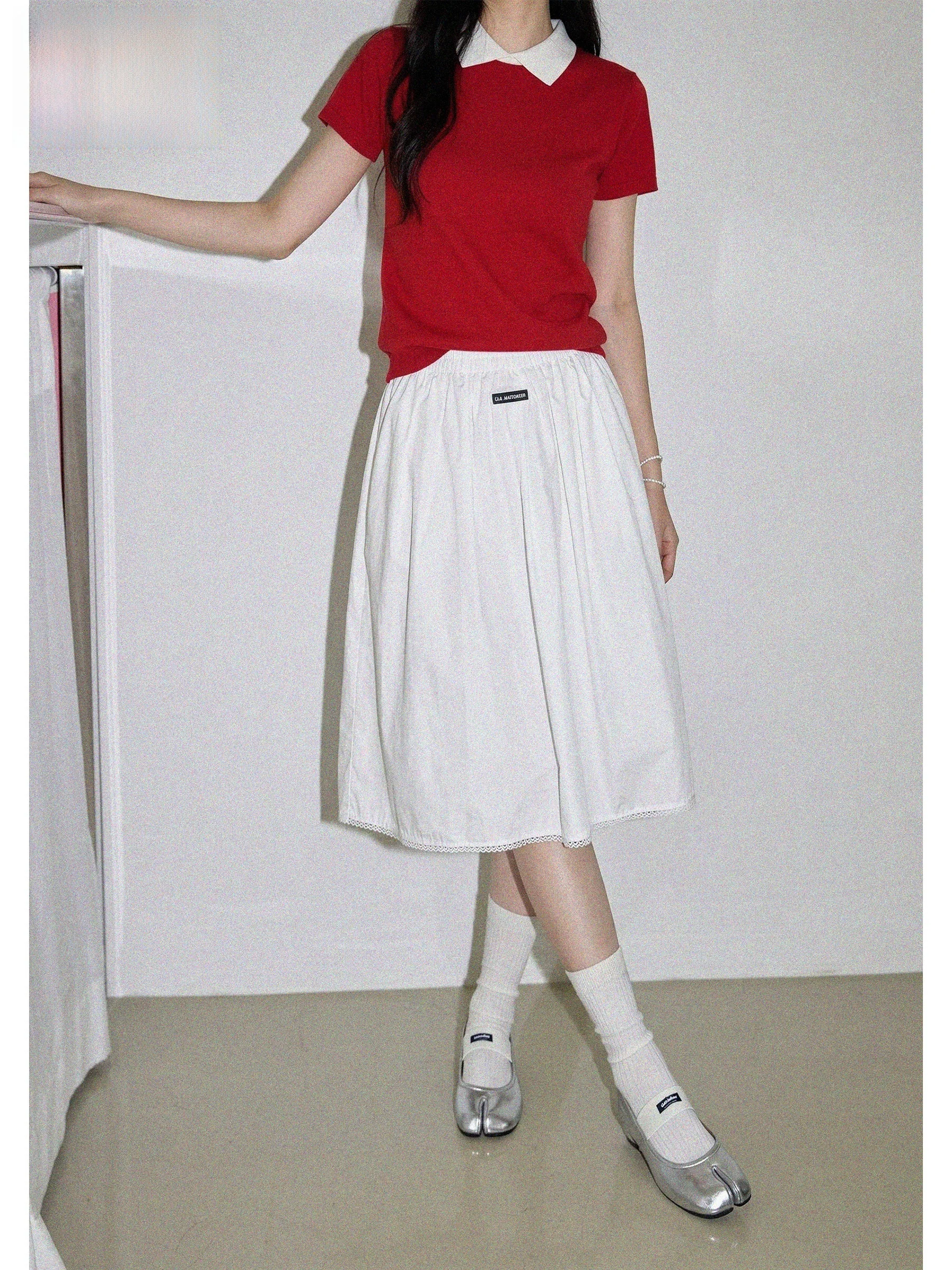 

White High Waist A-Line Skirt Women's Casual Lace Trimmed Slimming Summer Skirt Half Body Skirt Standard Fit Elastic Waist