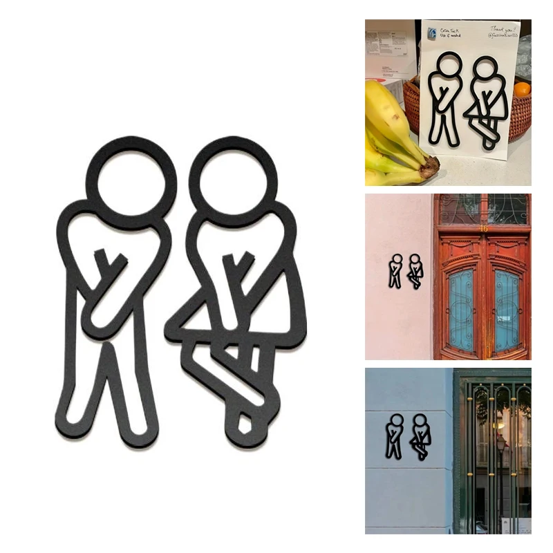 Panneaux de salle de bain amusants pour hommes et femmes, décoration créative 2D pour porte de toilettes plate, Restaurant, hôtel, café, signalisation de toilettes, autocollant mural