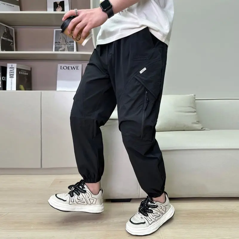 Spring Summer New High Waist Men's Clothing Loose Casual All Match Breathable Rope Hombre Pockets Solid Color Y2K Tie Feet Pants