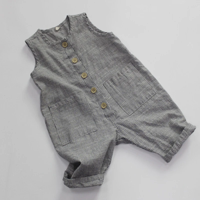 Baby Boys Girls Overall Sleeveless Linen Cotton Stripe 1-6 Yrs Kids Casual Jumpsuits Overall Korean Style For Summer