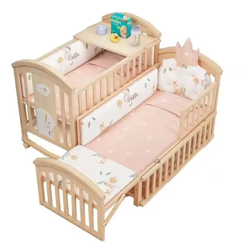 

Modern Pine Wood Multifunctional Baby Cradle Bed Newborn Movable Children Cribs Rattan Bedroom Furniture Bedding Hotel School