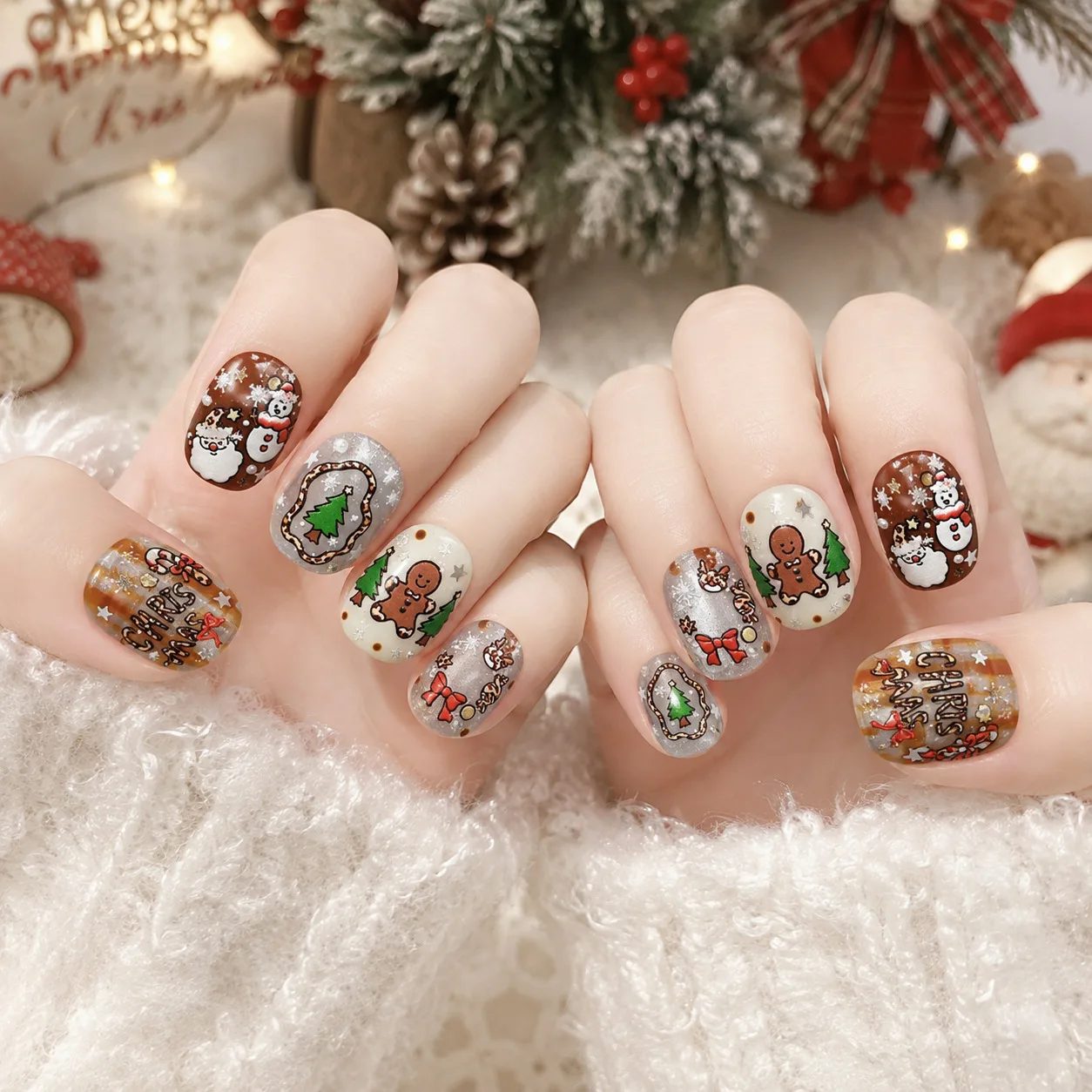 5D Retro Xmas Nail Art Stickers Leopard Christmas Tree Bow Heart Gingerbread Santa Snowman Cabin Candy Cane Snowflake Manicure