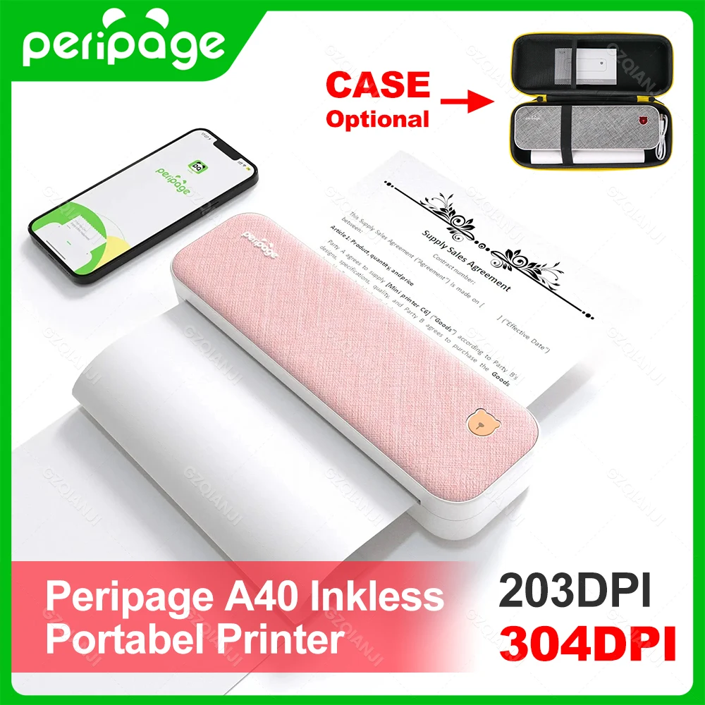 A4 Thermal Printer Photo Notes World PDF Printing Maker 304dpi Travel Office School Home free App Peripage Device A40 with Case