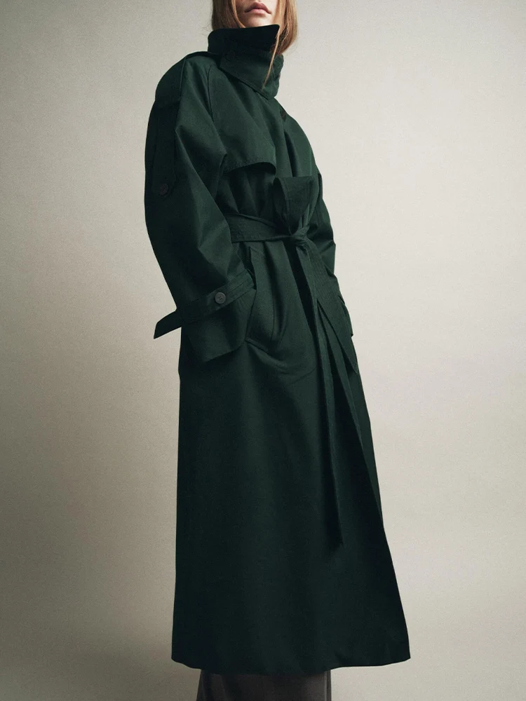 

Европейский и американский стиль, осенняя новая модная женская одежда, элитный темперамент с лацканами и поясом, свободный длинный плащ