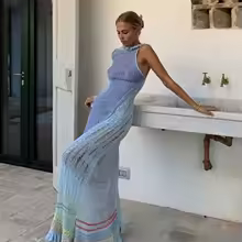 hirigin Women Long Knit Dress Contrast Color Hollow-Out See-Through One Shoulder Long Sleeve Beach Dress Bikini Cover-Ups - AliExpress 200000345