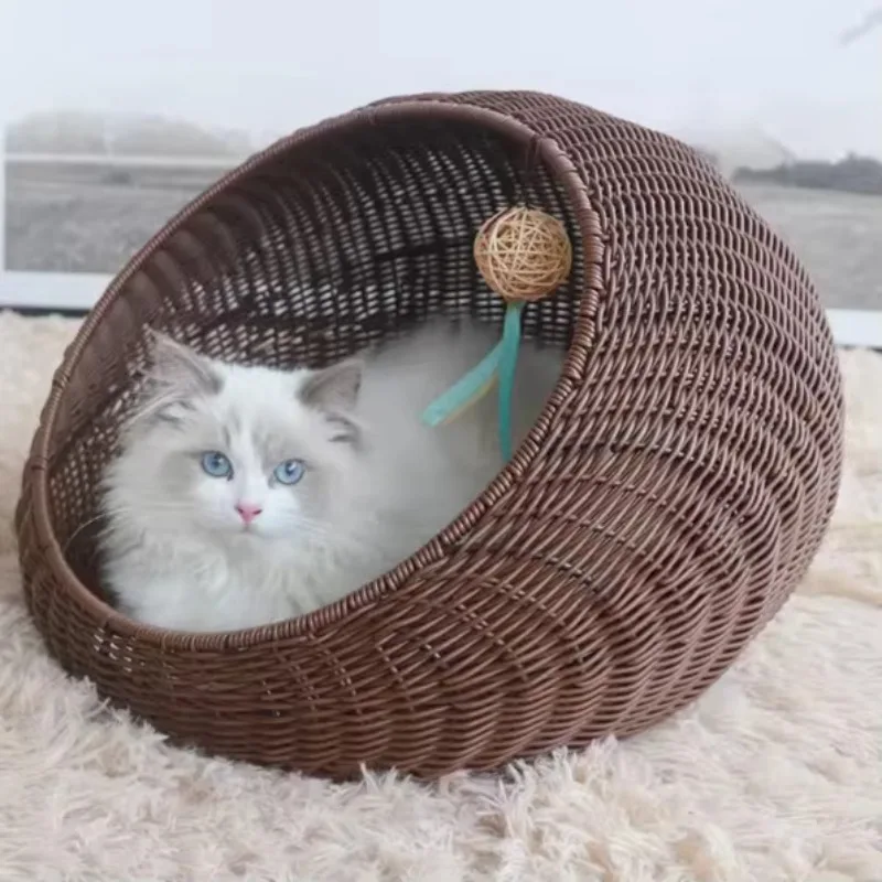 

Vintage Handmade Wicker Indoor Pet Cat Nest House Rattan Cat Basket Cave Bed Dog Beds
