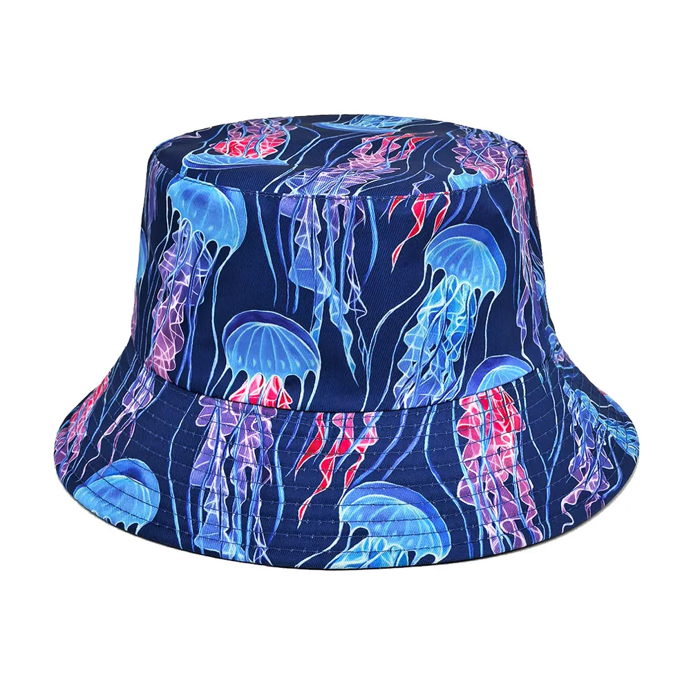 

Двусторонняя шляпа-ведро с принтом медузы, тема океана, шляпа от солнца с низкими полями, яркая двусторонняя пляжная кепка для женщин и мужчин