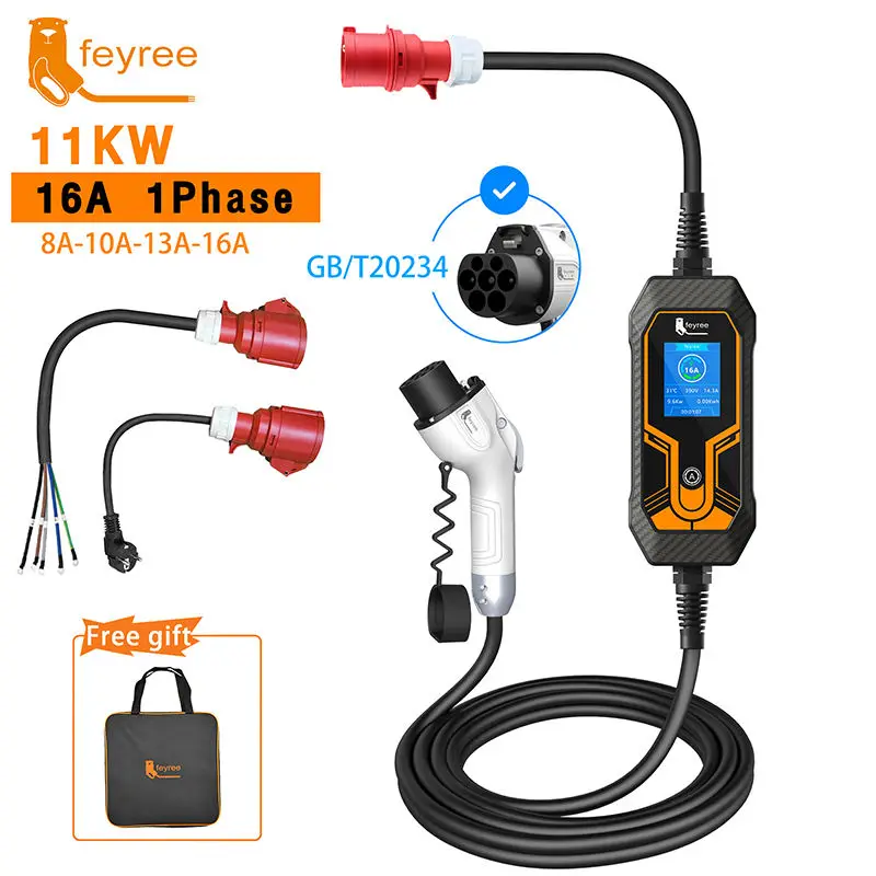 Feyree 11kw 16a 3 Phase Ev Portable Charger Type2 5m Cable Evse Charger Gb/t Electric Car Charger Cee Plug For Electric Vehicle