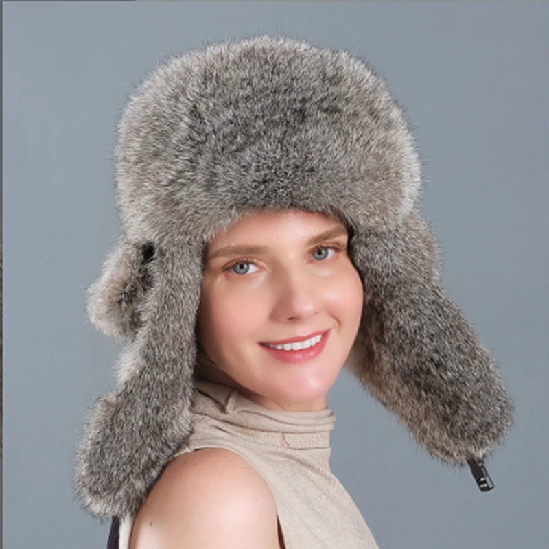 2023 Winter Hat WarmThick Rabbit Fur Leifeng Hat Russian Fur Women Girl Fur Hat Winter Outdoor Earwarmer Cap H#04#