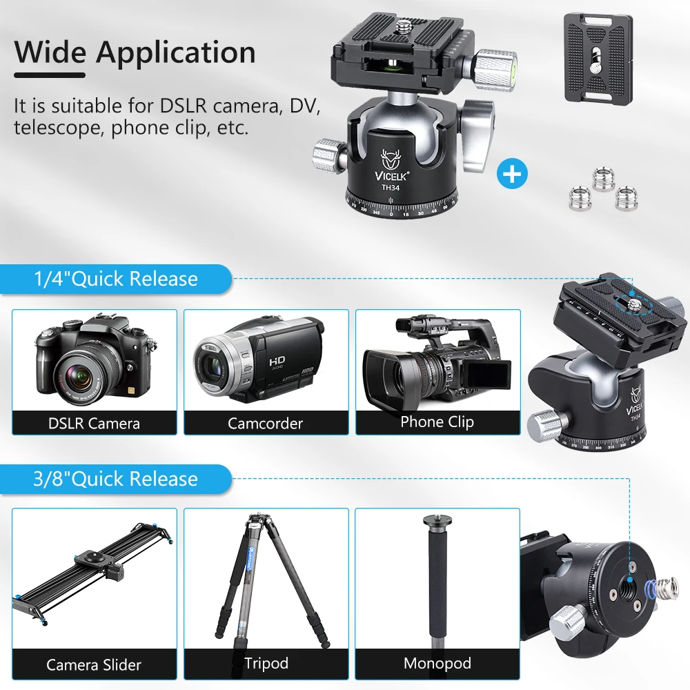 VICELK  28/34mm Ball Professional Tripod Ball Head Low Gravity Center 360 Panoramic CNC for Tripod Monopod Camera Load 15kg