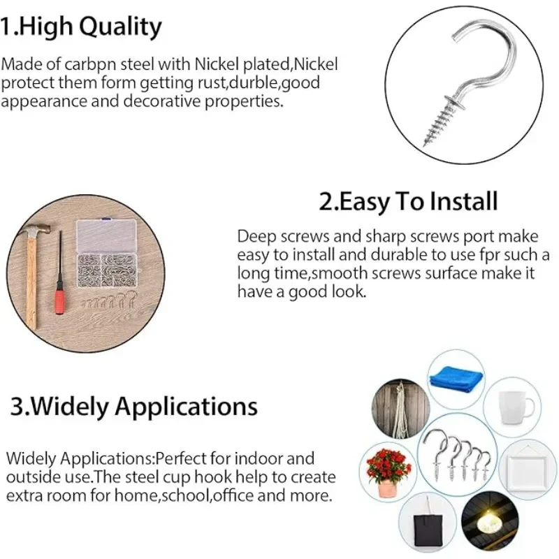 50/100pcs Small Shouldered Screw In Hooks Thick Strong Silver Metal Tool Shed Hang Loop Pegs Heavy Duty Cup Ceiling Hooks 19mm