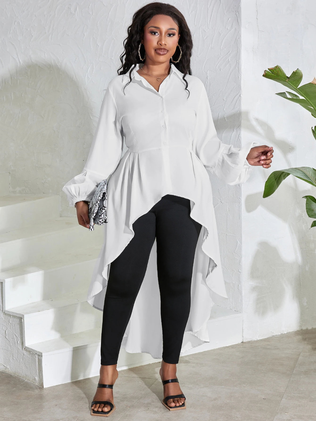 LW Plus Size Ammetrical A Line Blouse Dress Long Sleeve T-shirt Plain  Maxi Dresses Lapel Neck Button Elegant Office Vestidos