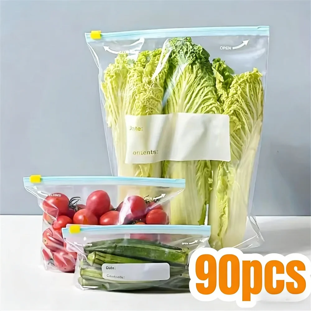 10-90pcs Fresh-keeping Storage Bags Zipper Sealed Food Bags for Fruits Grains Vegetables Meat Leakproof Freezer Storage Access