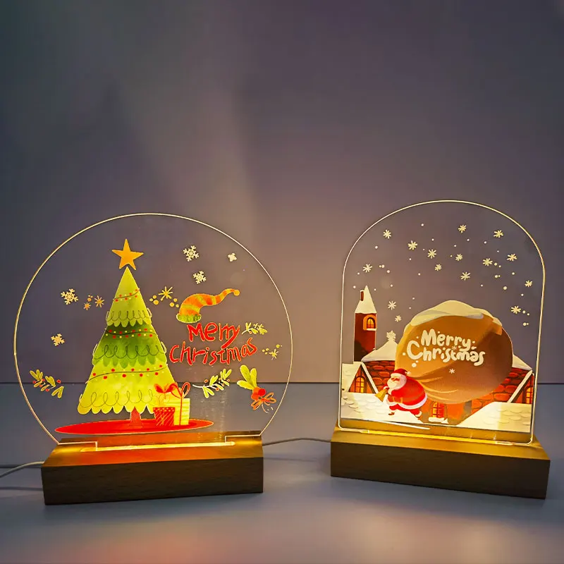 Night Lamp Christmas Decoration USB LED Color Printing Night Light Personalized for Home Baby Mother Room Wooden Base NightLight