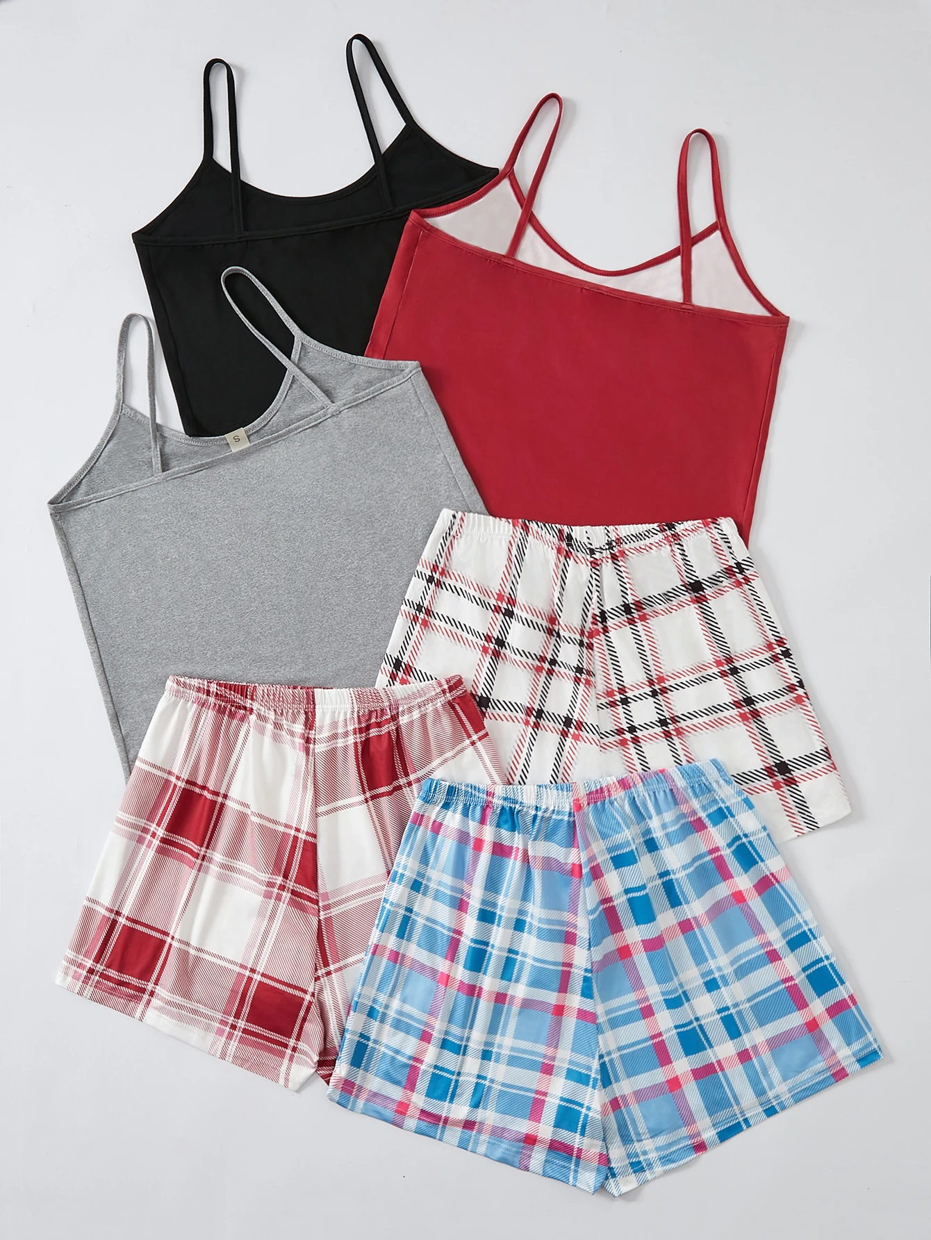 Three sets of women\'s pajamas new style solid color halter top plaid shorts casual home wear comfort set