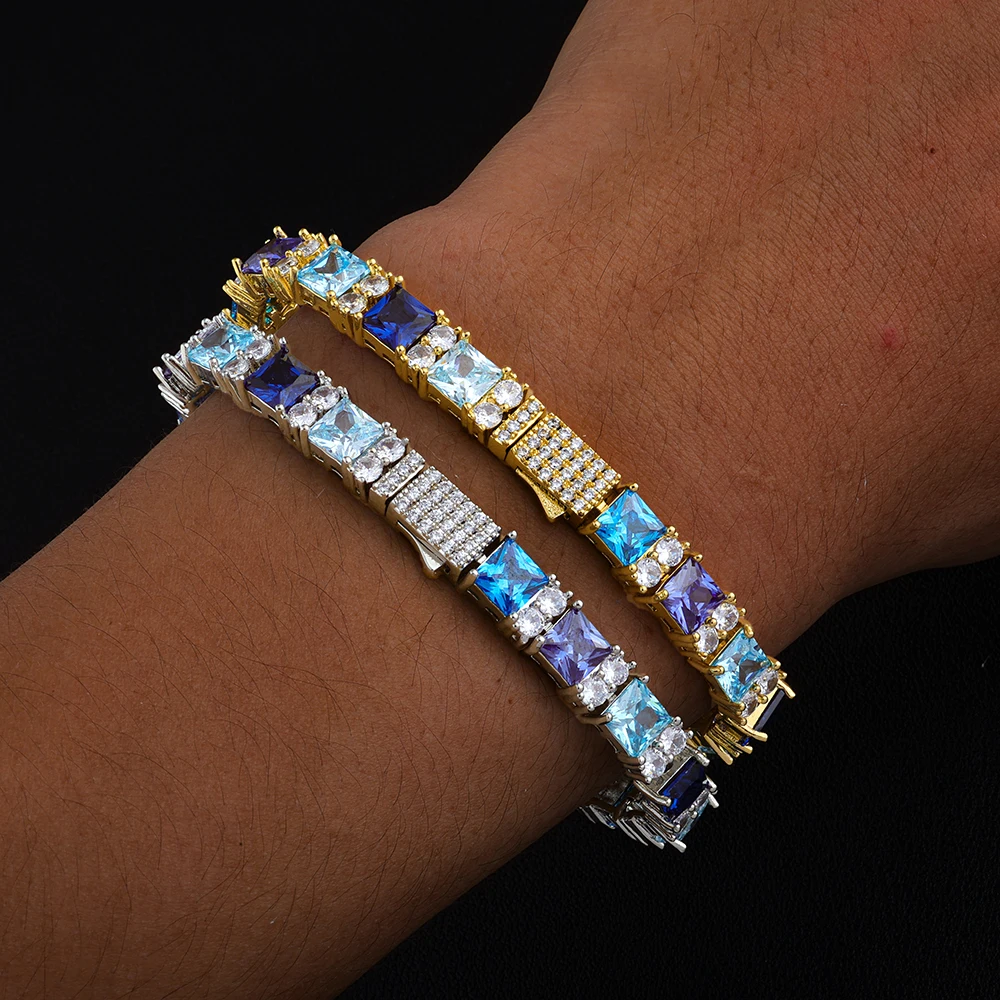 

ESKEEM Iced Three Types of Blue Bracelet Inlaid Sapphire Blue Square Cubic Zirconia Women Men Tennis Chain Bracelet ﻿Jewelry