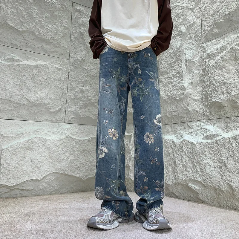 

Baggy Flower Jeans Men Fashion Oversized Wide Leg Jeans Men Streetwear Hip-hop Loose Straight Denim Pants Mens Trousers S-XL