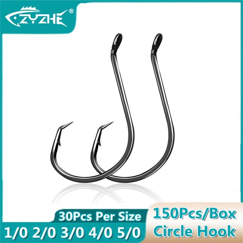 ZYZ 150Pcs/Box Circle Hook Set 1/0 2/0 3/0 4/0 5/0 30Pieces Per Size High Carbon Steel Fishhooks Tuna Bass Fishing Hooks