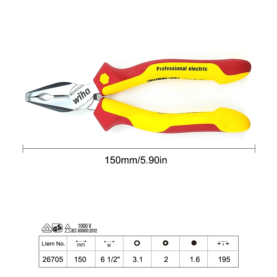 WIHA 26705 Insulated Combination Plier 1000V VDE Insulated Steel Wire Cutter with Extra Long Cutting Edge 160mm Electrical Plier