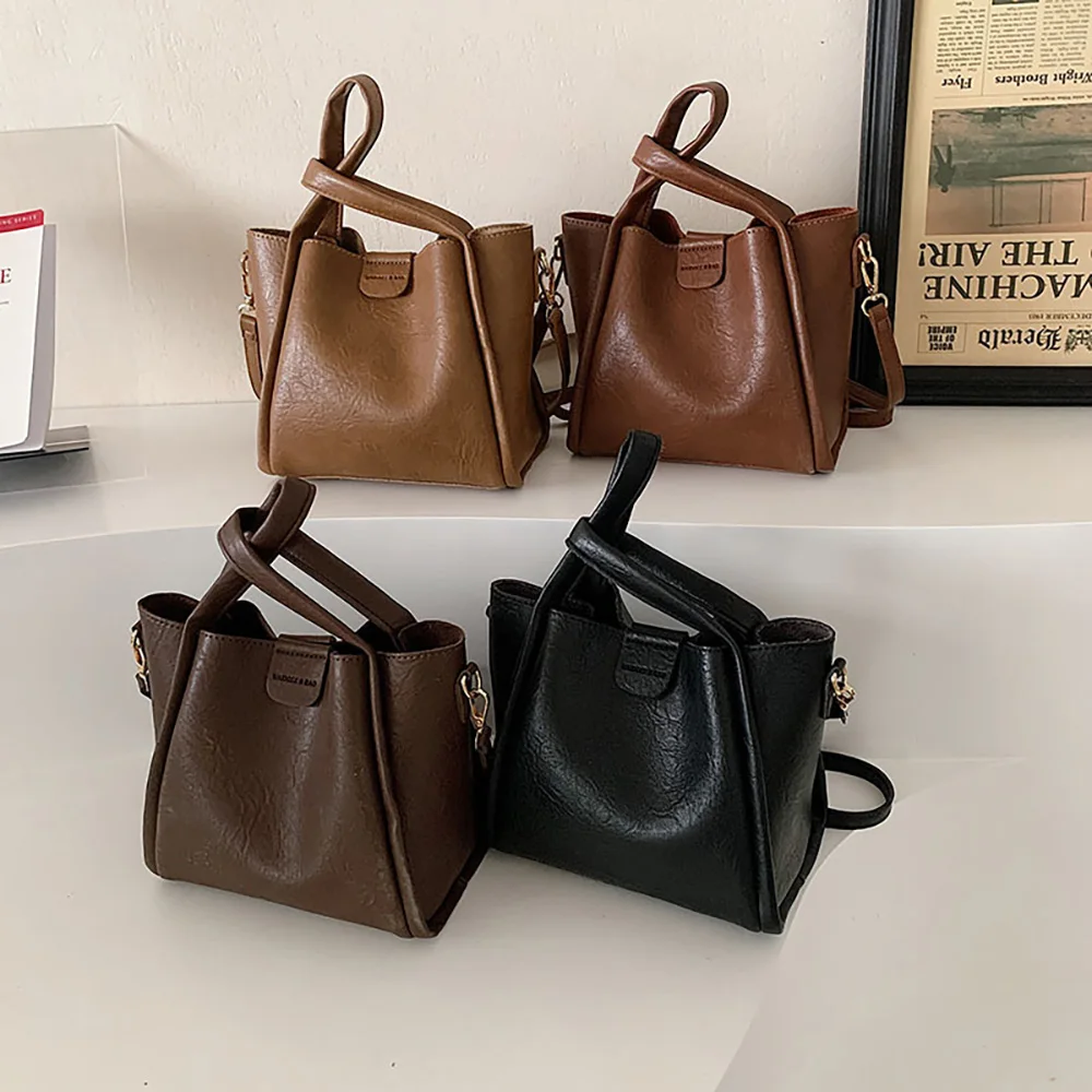 Vintage Large Capacity Bucket Crossbody Bag Women Fashion Solid Color Pu Leather Shoulder Bags Lady Commuter Handbags