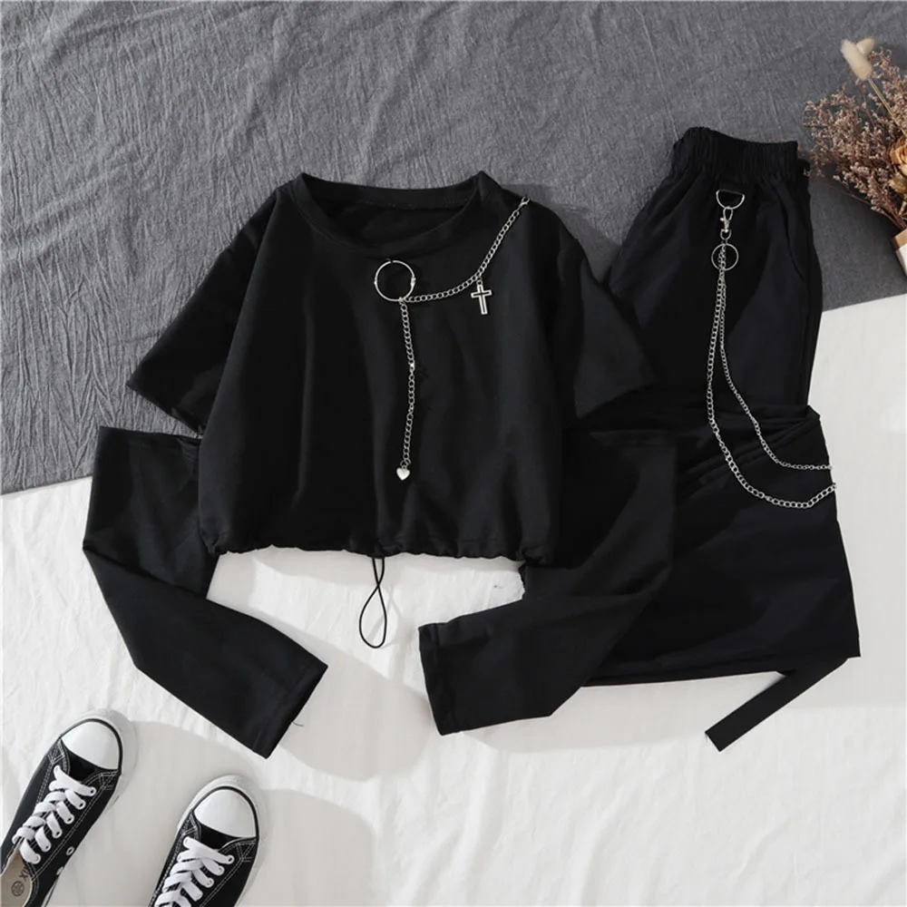 Spring Autumn Women Harajuku Cargo Pants Handsome Cool Two-piece Suit Chain Long Sleeve+ Elastic Waist Ribbon Pants