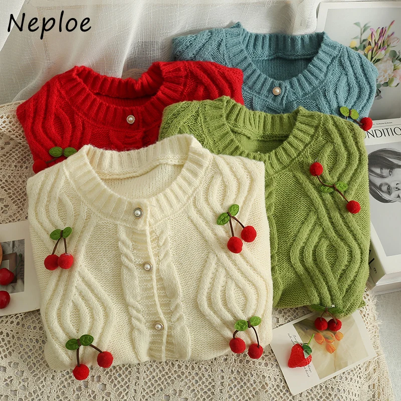 Neploe O Neck Solid Color Long Sleeve Cardigan 2024 Korean Chic All-match Femme Sweater Stereo Cherry Single-breasted Coat Y2K