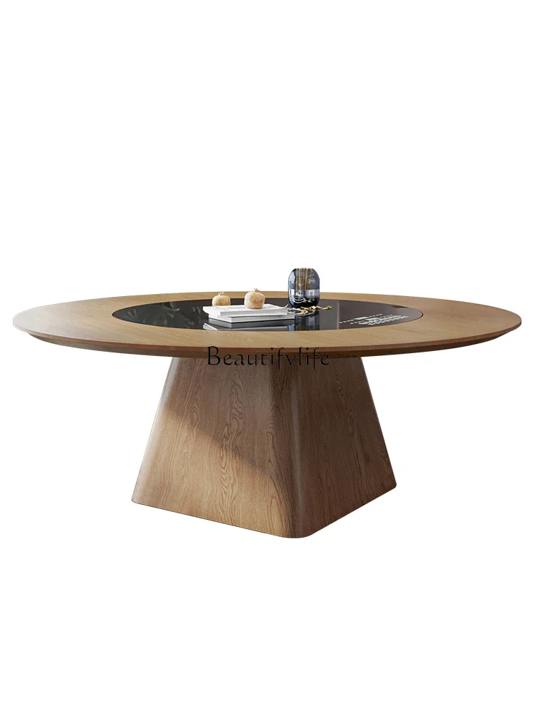 Solid wood round dining table with built-in turntable hot pot induction cooker dining table with turntable