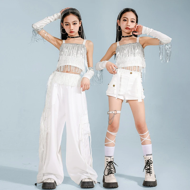 

2025 New Modern Jazz Dance Performance Stage Costumes For Girls White Tassel Set Children Hip Hop Dance Rave Clothes DQS19323