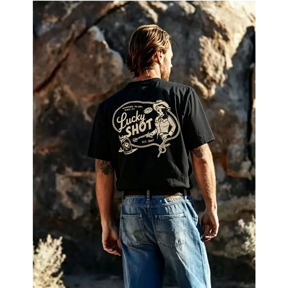 2026 New American Western Cowgirl Graphic Tee,  Retro Distressed Line Art, Wild West Casual Loose Unisex Tops