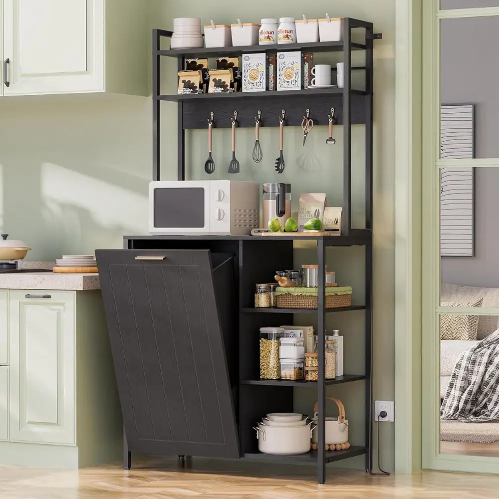 6-Tier Kitchen Storage Rack with Microwave Stand, Oven Cabinet, Waste Bin, and Power Outlet
