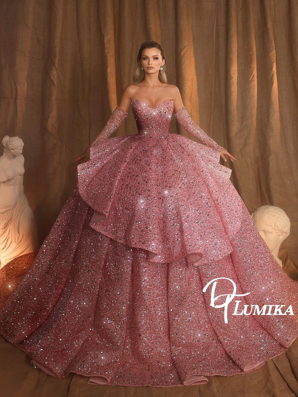 

Розовое бальное платье в стиле фэнтези для женщин, потрясающее блестящее вечернее платье с открытыми плечами и стразами, уникальное вечернее платье по индивидуальному заказу для дня рождения