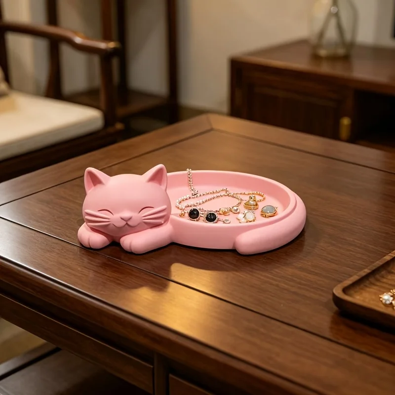 Pink Cat Shaped Desktop Organizer Tray Multi-compartment Jewelry Sorting Storage Household Ornament Tray