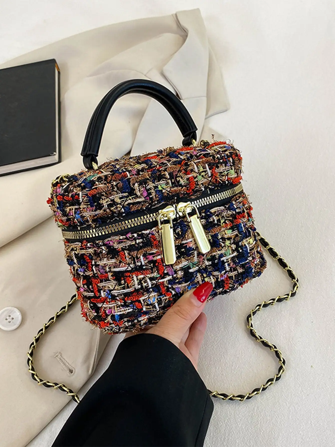 

Lightweight Business Casual Chain Bucket Bag, Portable Casual Fashion Mini Plaid Tweed Women Shoulder Bag For Women, Girls