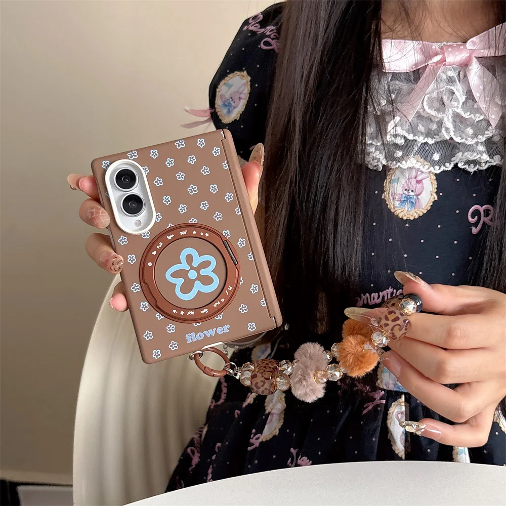 New Korea Ins Flower Rotation Magnetic stand Phone Case For Samsung Galaxy Z Fold 8 Cute Cases Shockproof with Chain Cover