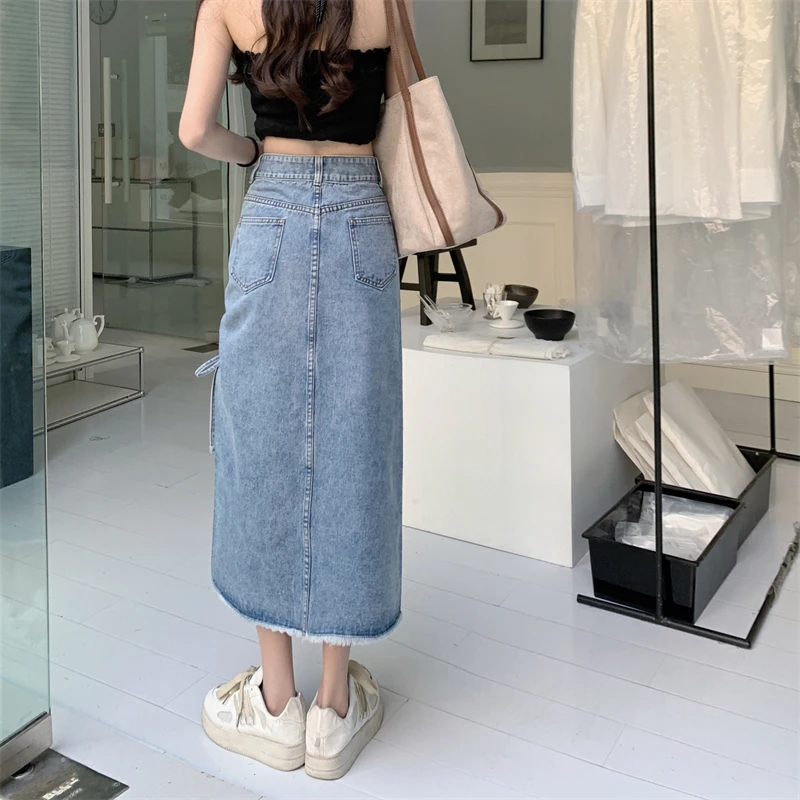 New 2023 Gothic Black Saias Jeans Women Ruched Split Long Denim Skirts Fashion High Waist Jeans Skirt Summer Casual Streetwear