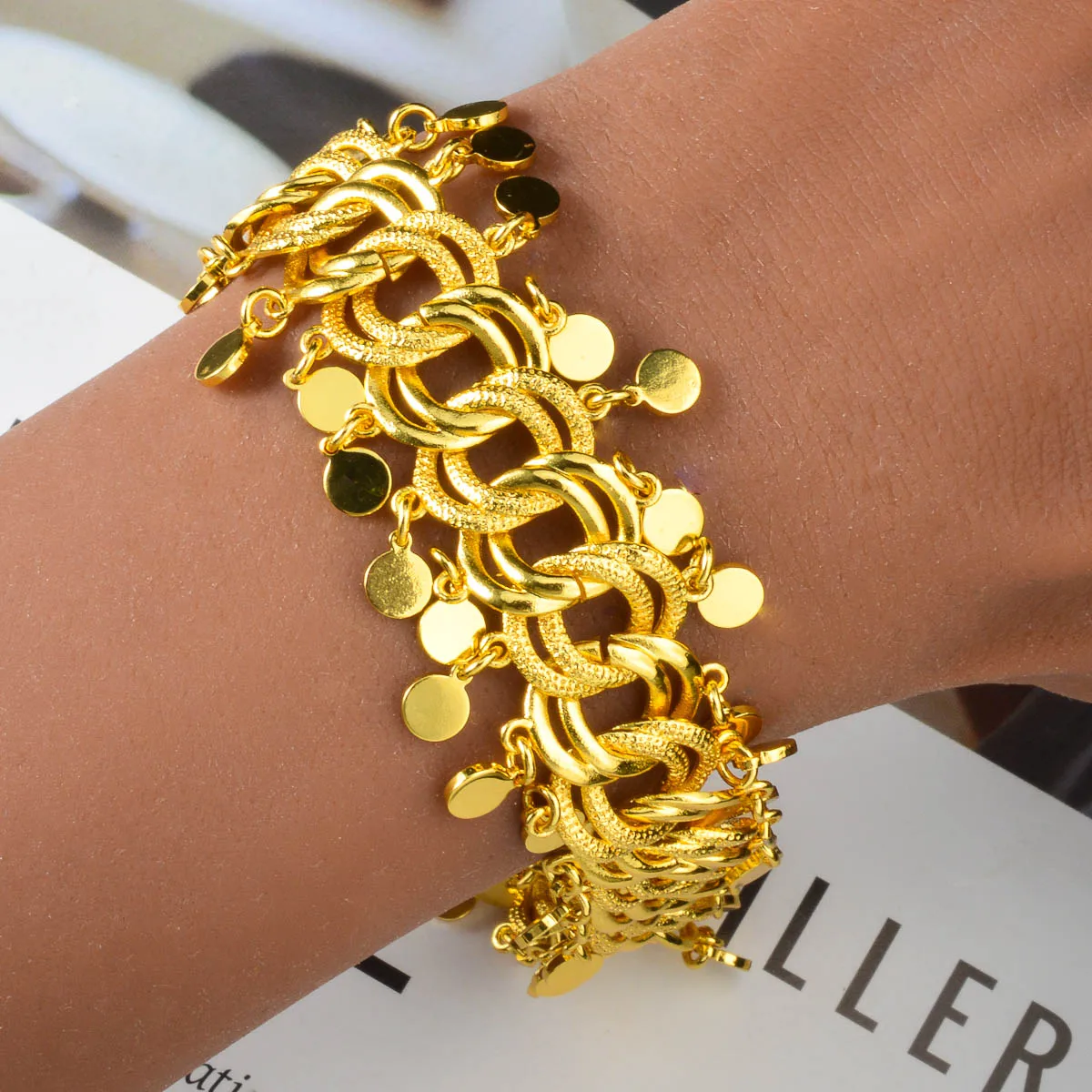 Gold Plated Woven Chain Tassel Disc Bracelet Women Bohemian Hand Chain for Beach Holiday Daily Party Stackable Ornament Jewelry