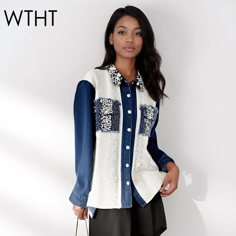 

WTHT 2025 Autumn Fashion Knit Spliced Denim Diamonds Loose Cardigan For Women Lapel Long Sleeves Sweater Female 1LS2508