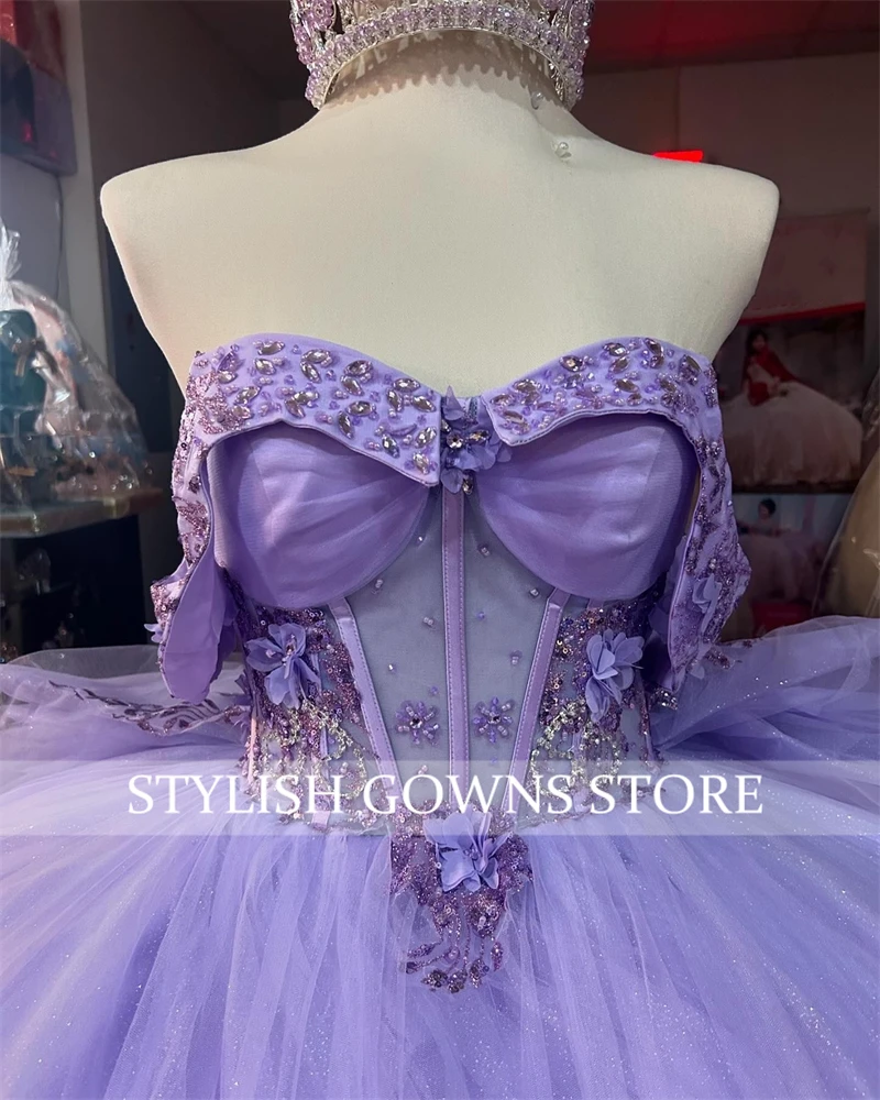 Vestido de baile roxo com flores 3D, vestidos Quinceanera, apliques frisados, vestido de luxo de aniversário, vestido formal em camadas, 2024