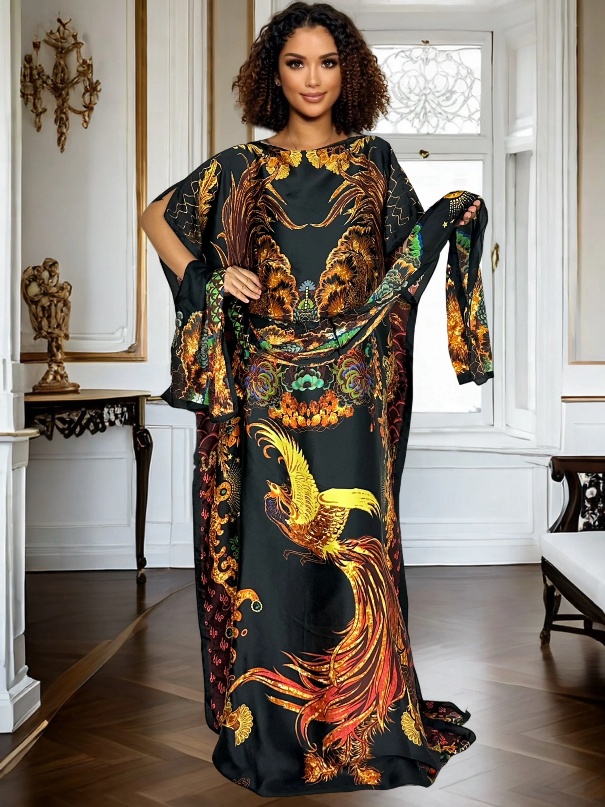

Plus Size Colorblock Print Kaftan Casual Batwing Sleeve Dress with Scarf