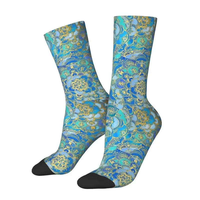 Blue Sapphire Mandalas Mens Crew Socks Unisex Fashion 3D Print Boho Floral Pattern Dress Socks