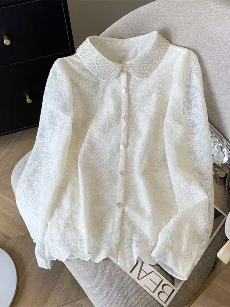 

Женская весенняя новинка: модный кардиган с вышивкой, длинными рукавами, кружевом, жемчужными пуговицами и воротником-стойкой