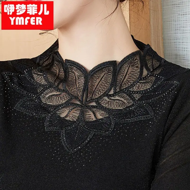 Women Autumn Winter Simplicity Slim Fleece Solid Color Mock Neck Long Sleeve Lace Bottoming Shirt Ladies Elegant All-match Tops